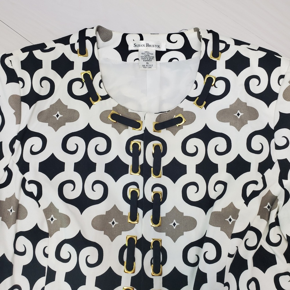 Susan Bristol Womens XL Black White Geometric Scroll 3/4 Sleeve Cotton Jacket